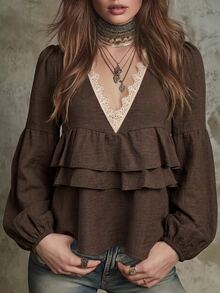 LUMIGAL Spring/Autumn Women's Lace V-Neck Ruffle Lantern Sleeve Casual Boho Blouse Dating Everyday Commuting Party Brown - Brown - View 6