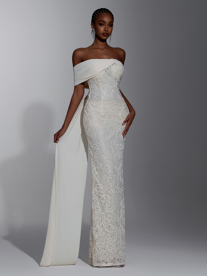 Elitara Elegant Luxurious Romantic Braided Embroidered Lace Patchwork Glossy Satin Pencil Dress, Suitable For Wedding, Party, Bachelorette Party, Vacation, Music Festival, Graduation Season, Evening Gala