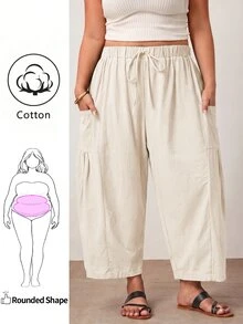 Enliva Plus Size Loose Fit Drawstring Casual Cropped Pants Fall - Apricot - View 1
