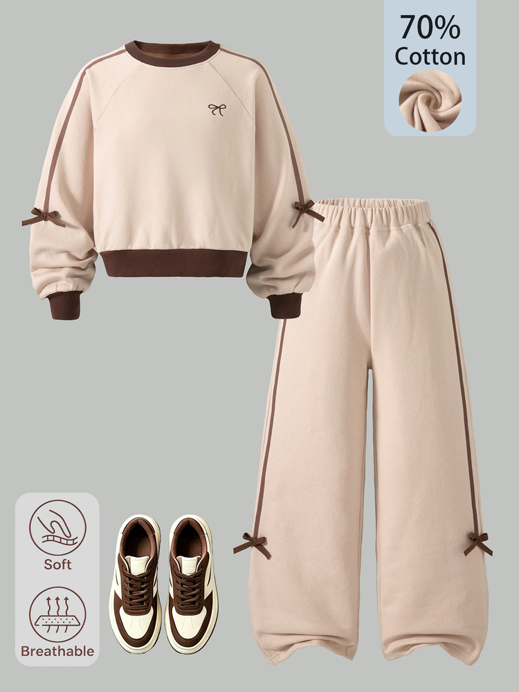 SHEIN Tween Girls Bow Detail Fleece Sweatshirt & Pants 2pcs Outfits, Contrast Trim Crew Neck Pullover Tops Casual Lounge Sweatpants Set - Apricot - View 3