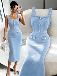 Selianne Women's Fashion Vacation Button Denim Dress - Blue - View 1