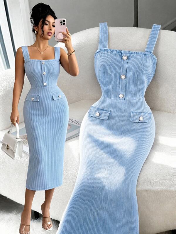 Elenzga Women's Fashion Vacation Button Denim Dress