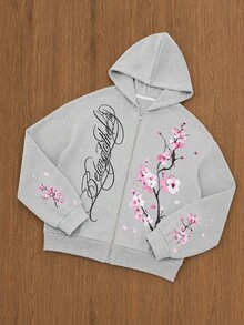 TOKVUE 男士青年休閒美式風格櫻花與字母印花拉鍊連帽外套 - 灰色 - 查看 4