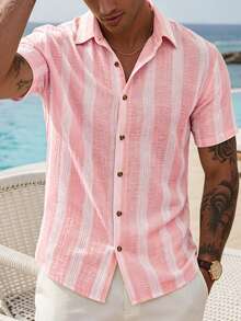 VENTUSAIL Men's Yellow Woven Striped Summer Lightweight Slim Fit Casual Vacation Short Sleeve Shirt - Pink - View 4
