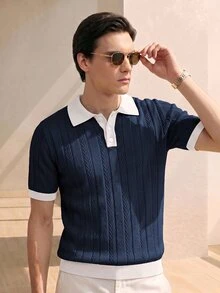 RONVEXI 歐美新博主風時尚設計成熟休閒男士套頭針織上衣，白色針織上衣，拼色棕色針織上衣，對比色 Polo 領 - 寶藍色 - 查看 3