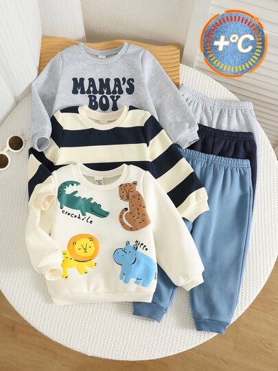 SHEIN Baby Boy Cartoon Dinosaur Pattern Knitted Soft Crew Neck Long Sleeve Pullover Sweatshirt Elastic Waist Long Pants 6-Piece Set Versatile Comfortable