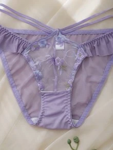 DelicateAllure Purple Ruffle Trim Embroidered Patchwork Mesh Pure Romantic Women's Triangle Panties - Purple - View 4