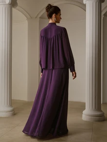 ZEYLAH Women's Solid Color Long Sleeve Top And Skirt Set - Purple - View 5