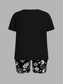 Slaydiva THE POWERPUFF GIRLS X SHEIN 大尺碼女款卡通印花短袖上衣與短褲兩件套 - 彩色 - 查看 7