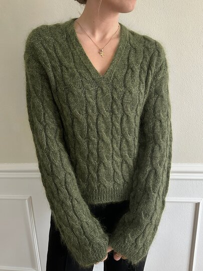 SHEIN LUNE Elegant Versatile Commute Cable Knit Army Green Sweater Vintage Slouchy Women's Sweater Clothes Fall Winter 2026 V Neck Knitwear Casual Basic Modest