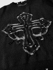 ROMWE Grunge Punk Dark Punk Cross Jacquard Distressed Raw Edge Loose Fit Crew Neck Pullover Sweater - Black - View 3