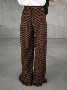 FRIFUL Women's Checkerboard Pocket Wide Leg Loose Casual Vintage Long Pants School Brown Checkered Autumn - Rust Brown - View 5