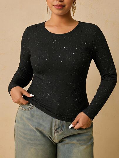 Freevana Sequin Gold Glitter Plus Size Long Sleeve T-Shirt, Suitable For Autumn/Winter Party Outfits