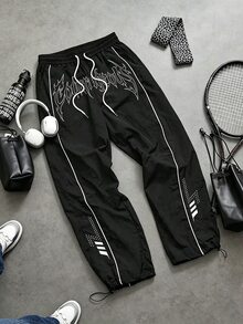 Sport MetroGents 男士抽繩腰字母印花休閒日常旅行運動長褲 - 黑色 - 查看 5