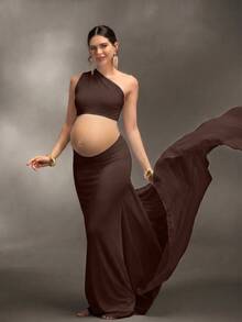Cheriluna Maternity Elegant Maternity Flowing Ribbon Maternity Photography Dress For Baby Baptism Party Photoshoot Maternity Burgundy Fall And Winter - Brown - View 7