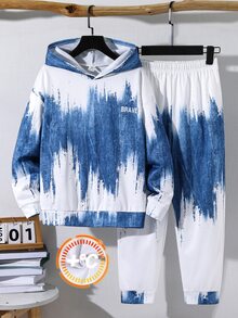 SHEIN 兒童 2 件組青少年男孩休閒藍白漸層圖案連帽衛衣與運動長褲，適合秋冬返校季節 - 藍白色 - 查看 2