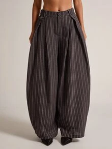 SHEIN BAE Fashionable Commuter Striped Curved Leg Suit Pants - Brown - View 1
