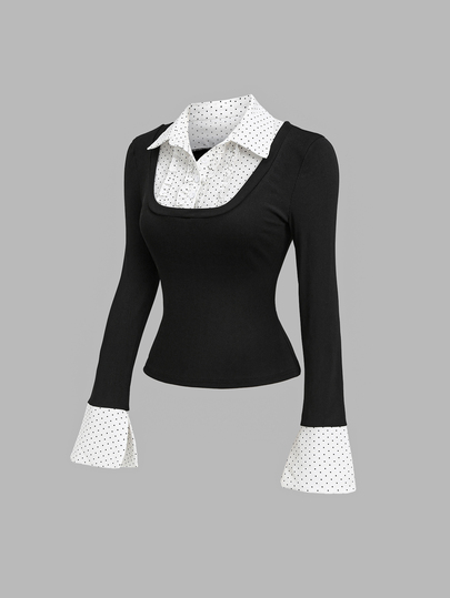 Sweetra Women's 2-In-1 Polka Dot Shirt With Black Ribbed Fabric Puff Long Sleeve Lapel Slim Fit Layered T-Shirt, Y2K Cute Casual Outfit