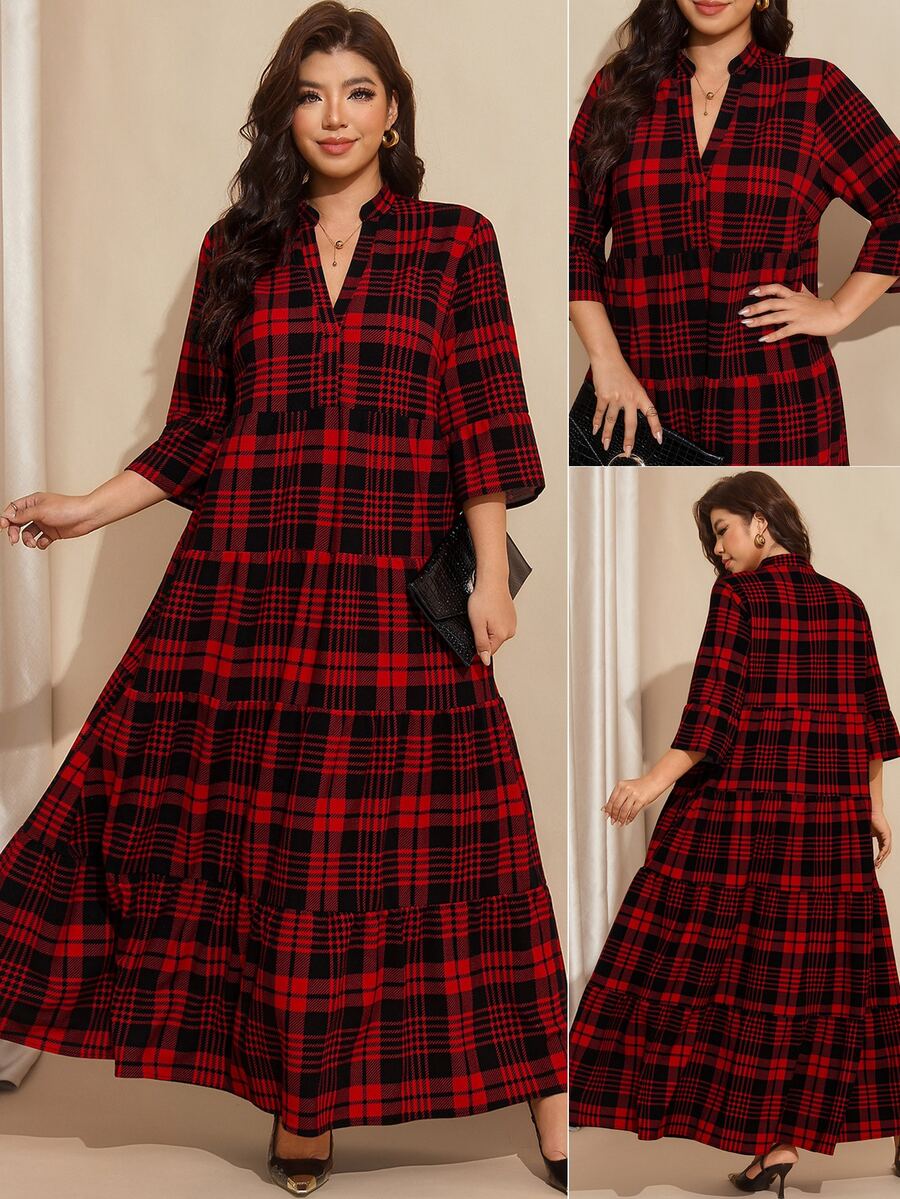 Comfylo Christmas Plaid Patchwork Tiered Maxi Skirt Plus Size - Red - View 1