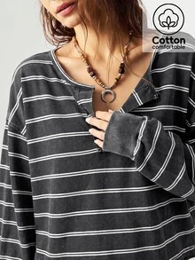 Bohemela Women's Striped Drop Shoulder Long Sleeve Casual Loose Sweatshirt - Black and White - View 8