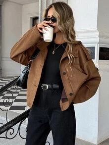 Pariaura Jaket Wanita Kasual untuk Perjalanan Sehari-hari, Longgar, Nyaman, Kerah Tegak, Bahan Suede Fleece, Lengan Panjang, Bahu Jatuh, Model Serbaguna - Coffee Brown - View 5