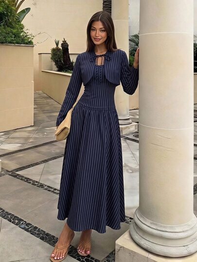 Siren Gaze Women's Elegant Commute Striped Cropped Top & Camisole Dress 2 Pieces Set