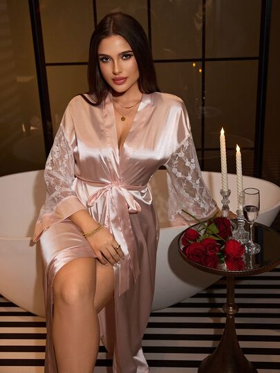 SilkySpell 1pc Women's Sexy Silk Plus Size Nightgown, Lace Trim Contrast Color Sleepwear, Elegant Satin Tie-Front Robe, Plus Size Sexy Silky Pajamas