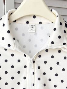 少女款軟綿波點編織帶立領派克夾克，正式休閒日常出遊百搭街頭風，適合任何場合，姊妹裝、親子套裝，可愛女孩穿搭 - 白色 - 查看 7