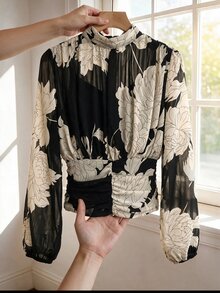 SHEIN Clasi Women's Floral Print Stand Collar Long Sleeve Ruched Waist Blouse - Multicolor - View 1