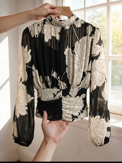 SHEIN Clasi Women's Floral Print Stand Collar Long Sleeve Ruched Waist Blouse