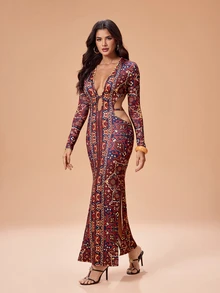 Glamance 海軍藍與金色幾何印花長袖修身深V領洋裝，優雅波希米亞成熟休閒性感，適合夜晚外出與度假秋季穿搭 - 酒紅色 - 查看 5