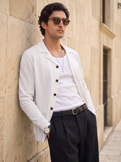 Suiteron Autumn New Beige Cuban Collar Men's Knitted Cardigan Wool Blend Single-Breasted Loose Casual Long Sleeve Outerwear Sweater