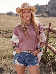 Wildy American Boho Tropical Casual Western Country Dusty Rose Women's Spring Summer Daily Basic Outfit Loose Top T-Shirt For Outing Vacation And Commuting - Mauve Purple - View 5
