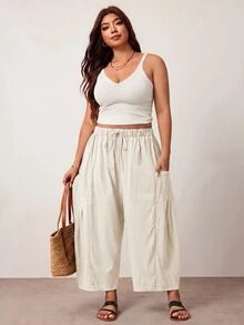 Enliva Plus Size Loose Fit Drawstring Casual Cropped Pants Fall - Apricot - View 7