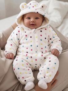 SHEIN Baby Girl Autumn/Winter Cute Fluffy Polka Dot Hooded Romper - White - View 4