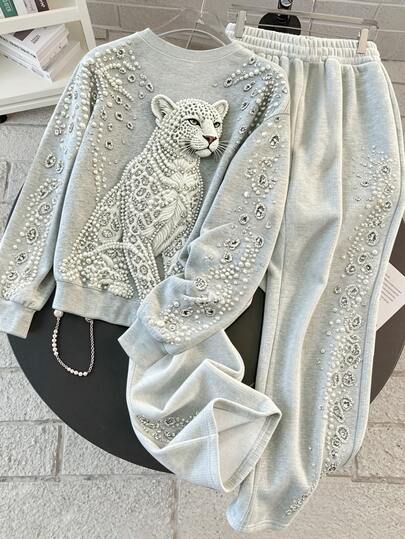 Autumn/Winter Thickened Crew Neck Loose Sweatshirt Paired With Matching Color Long Pants, Unified And Coordinated Style. Suitable For Daily Outings, Gatherings And Other Occasions, Easily Wear Out A Light Luxury Cool And Chic Fashion Elegant.
