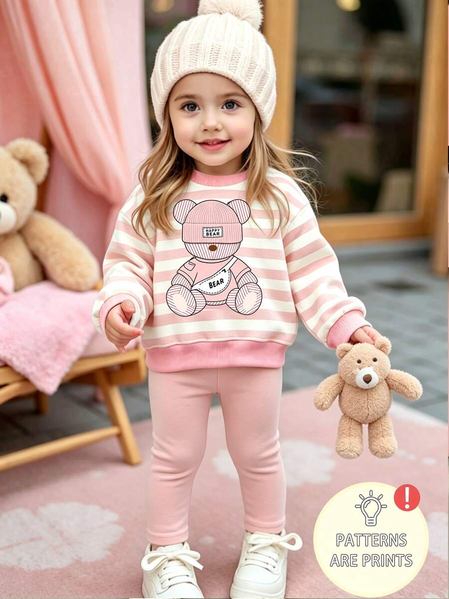 嬰兒與幼兒女童運動衫套裝,可愛熊圖案圓領運動衫,粉色與白色柔軟條紋長袖上衣搭配鬆緊腰長褲,寬鬆舒適版型,簡約俏皮卡通圖案,適合居家與外出,甜美小女孩兩件套服裝,實用百搭秋冬套裝 - 彩色 - 查看 1
