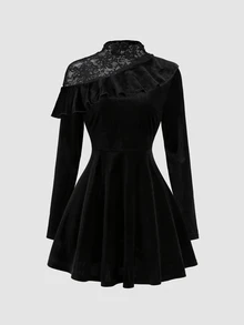 Sweetra Women's Sweetro Elegant Lace Patchwork Asymmetrical Shoulder Fitted A-Line Dress - Black - View 1