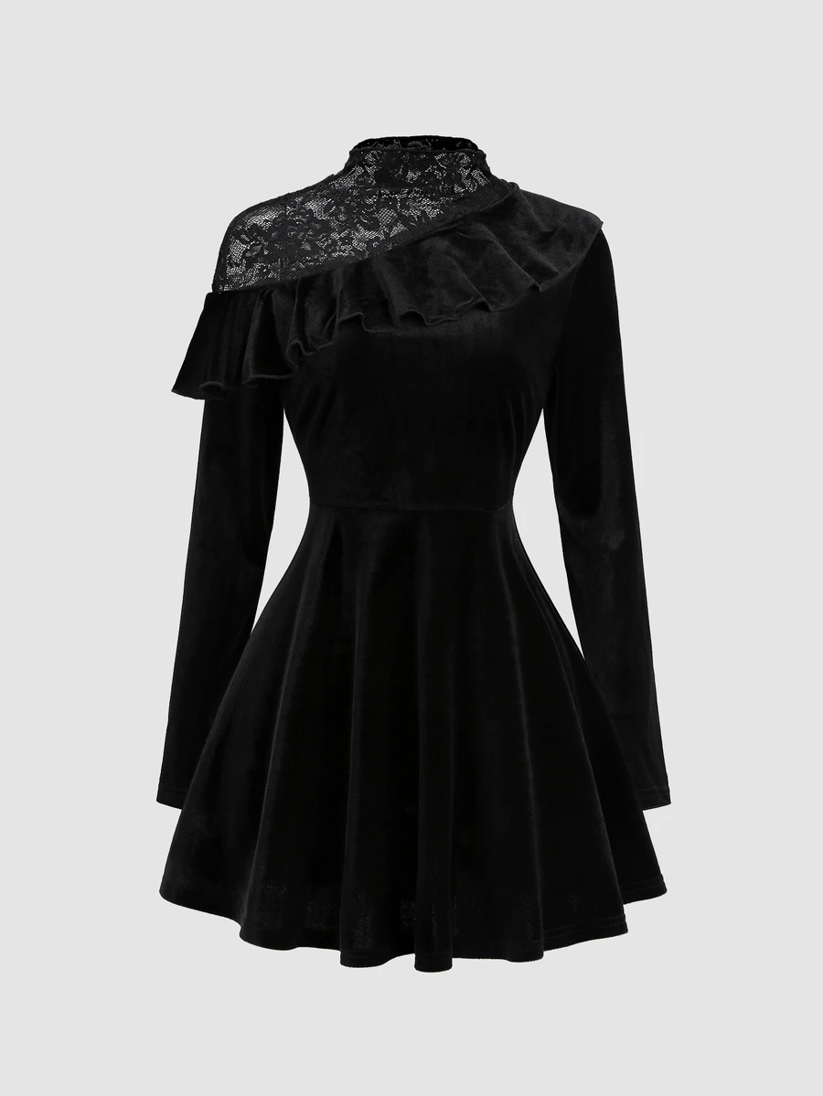 Sweetra Women's Sweetro Elegant Lace Patchwork Asymmetrical Shoulder Fitted A-Line Dress - Black - View 1