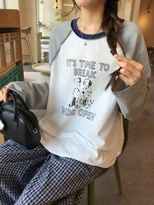 DAZY Women's Round Neck Long Sleeve Color Block Korean Style Girly Aesthetic T-Shirt Oversized Tshirts For Women Fall - Grey - View 4