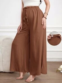 SHEIN 孕婦純色可調腰圍休閒日常寬腿長褲 - 棕色 - 查看 1