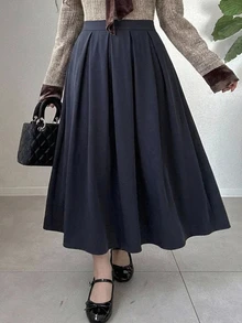 Dazy Plus Elastic Waist Pleated A-Line Fun Commute Versatile Long Skirt - Navy Blue - View 7