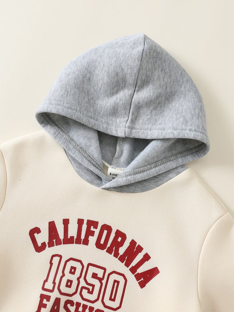 SHEIN Baby Boy Letter Print Colorblock Hooded Pullover Sweatshirt & Elastic Waist Long Autumn Pants 2 Pieces Set - Multicolor - View 4