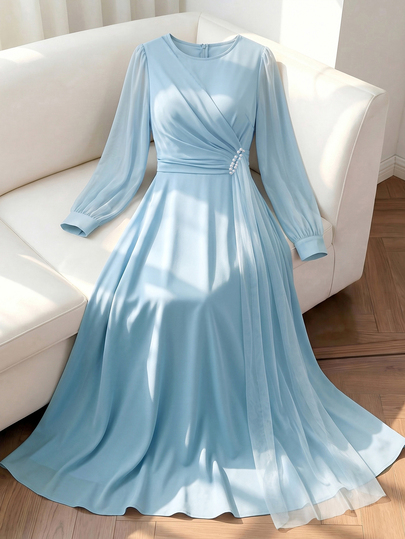 GlowEve CURVE Gaun Chiffon Ukuran Besar dengan Leher Bulat, Pita, Hiasan Mutiara, Lengan Lentera, dan Resleting Belakang