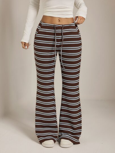 SHEIN PETITE Women's Drawstring Waist Striped Casual Everyday Long Pants