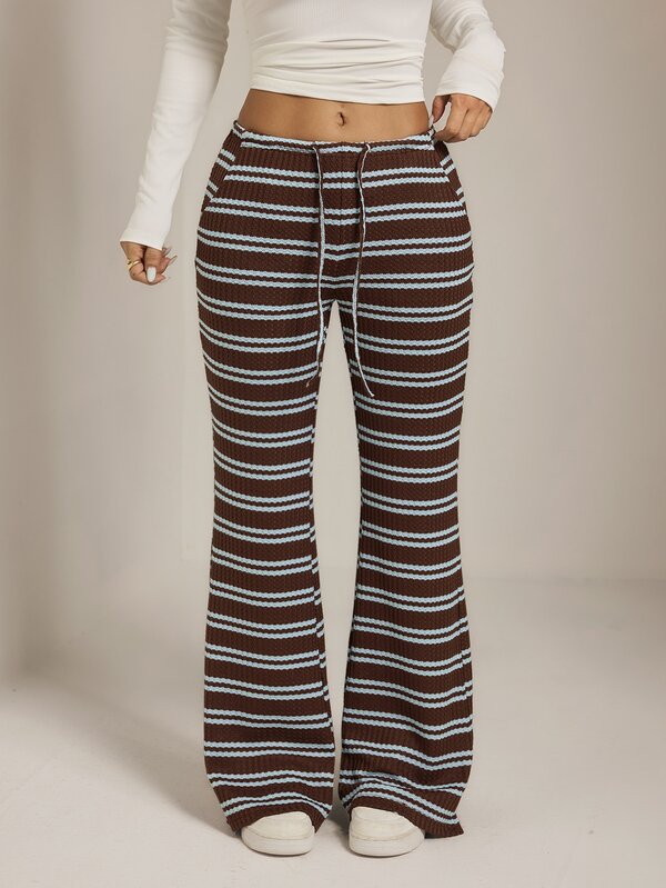 SHEIN PETITE Women's Drawstring Waist Striped Casual Everyday Long Pants