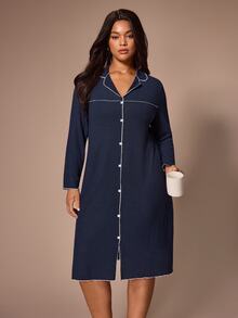 Lazeform Soft Ribbed Wood Ear Trim Cardigan Plus Size Loungewear Nightgown - Navy Blue - View 6