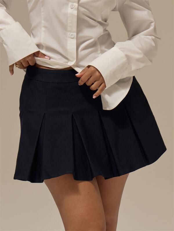 MUSERA Black Fitted Waistband Pleated Mini Skirt Smart Workwear Office Everyday Loungewear Essentials