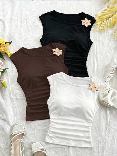 Mistrie Elegant Basic Top With 3D Floral Decoration, Round Neck And Side Pleats, Slim Vest, New Inner Layering Item For Autumn, Multi-Color, Social Blouse