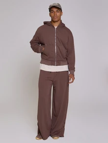 Musero Oversized Funnel Neck Button Placket Jersey Zip Up Hoodie Patch Kangaroo Pocket Detail Spring Summer Essentials Co Ord Jacket Only - Coffee Brown - View 2